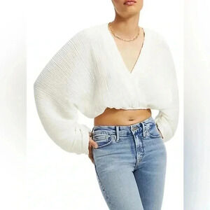NWT Good American “plisse” sculpted long sleeve trendy stylish cream sweater 1/2